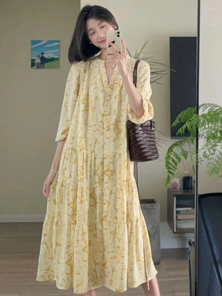 Casual Dresses French Women Floral Print Summer Dress Elegant Ladies Lantern Sleeve A-line One Pieces Clothes Fashion V-neck Vestidos Robe