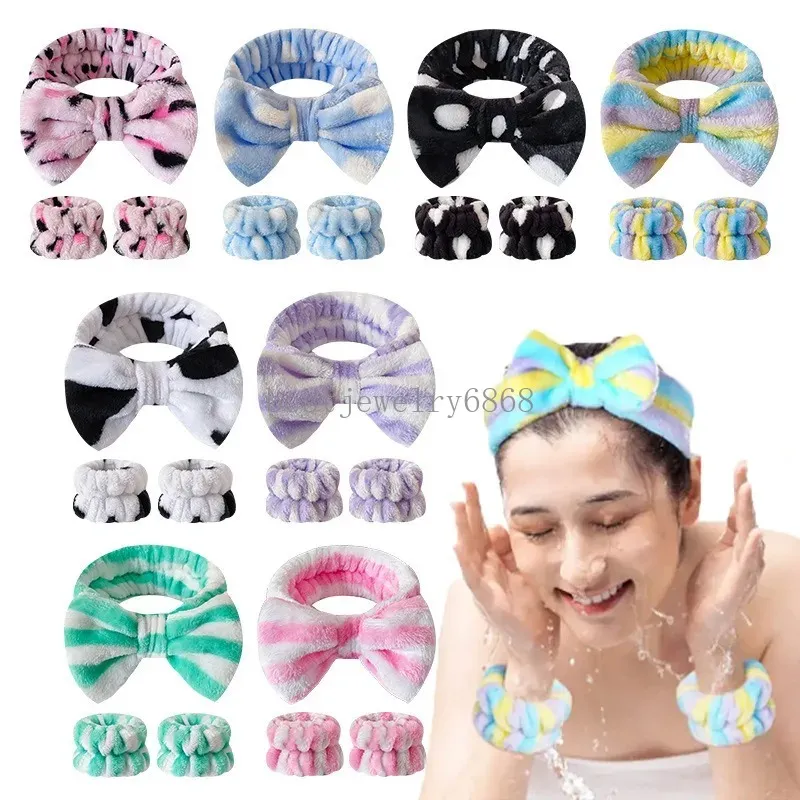 3PCS Spa Stripes Leopard Dots Headband for Washing Face Wristband Set Makeup Coral Fleece Hairband for Women Hair Accessories