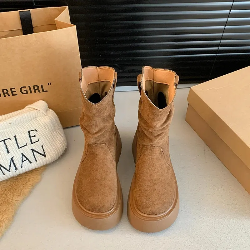 Suede Platform Ankle Boots For Women Mid Heel Walking Shoes Non Slip_voghion.com