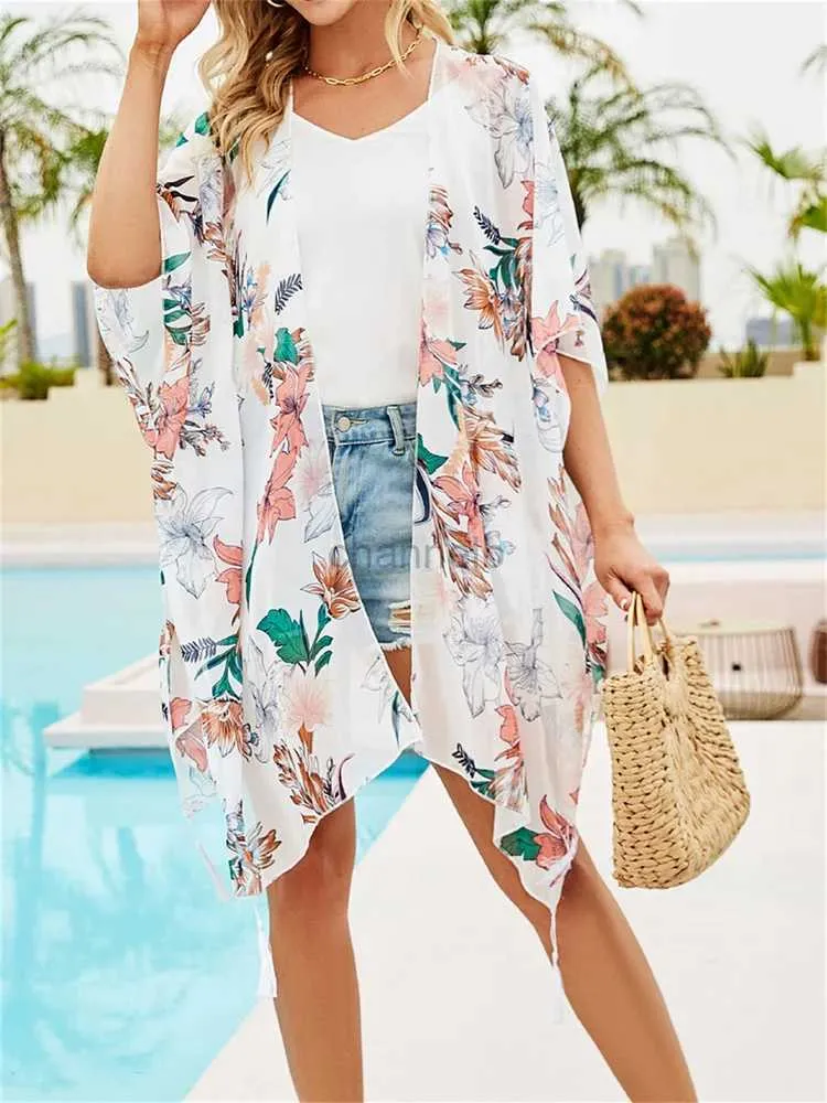 Основные повседневные платья летние прикрытие женщин с цветочным принтом Boho Beach Swicwear Cardigan Holiday Covers Covers Tassels Thin Hawaii Resort Wear Kimono 240419