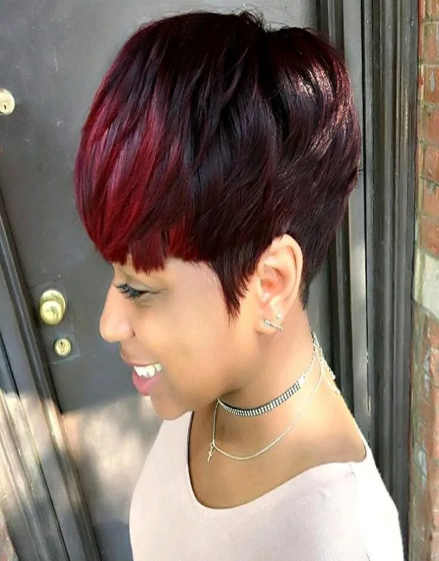 Krótkie Huaman Hair Red Exche Bangs Pixie Pixie Pixie Pixie Pixie proste ludzkie włosy peruki dla czarnej kobiety Ombre Purple Royal Burgundy Color7303375
