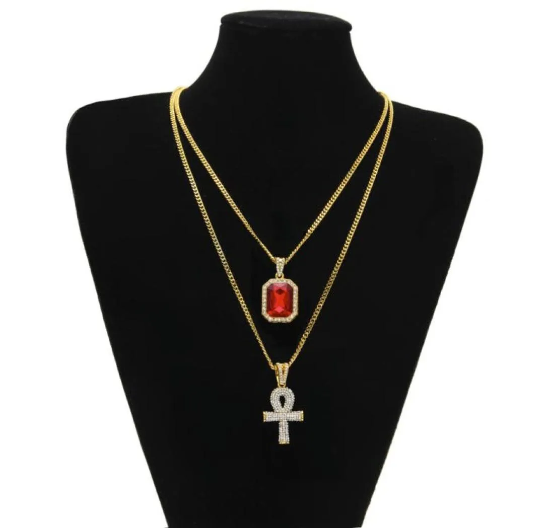 Hip -Hop -Schmuck Ägypter großer Ankh -Schlüsselanhänger Halsketten Sets Mini Sappy Ruby Sapphire mit Charm Cuban Link für Herren FASH8594688