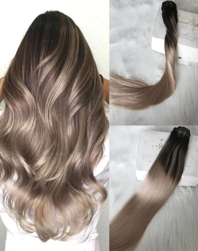 Klips Balayage w przedłużeniach włosów naturalny czarny kolor blaknięcie do popiołu blond ombre podwójne rozszerzenie Weft 120G3071031