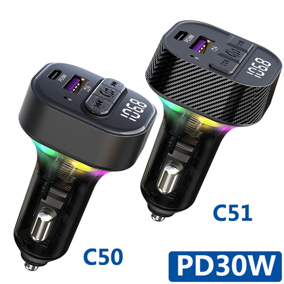 12-24V Zestaw samochodu Bluetooth FM Nadajnik 87,5-108 MHz Audio Car Player 5V wyjściowe USB C PD30W Fast Charger Akcesoria elektroniczne C50/C51