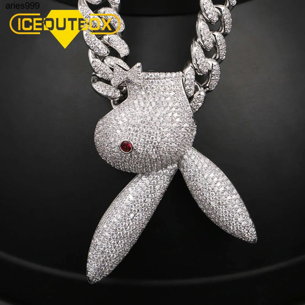 Guldpläterad mässing Iced Out Cartoon Rabbit Pendant Necklace Chain Bling Cubic Zirconia Hip Hop smycken för män