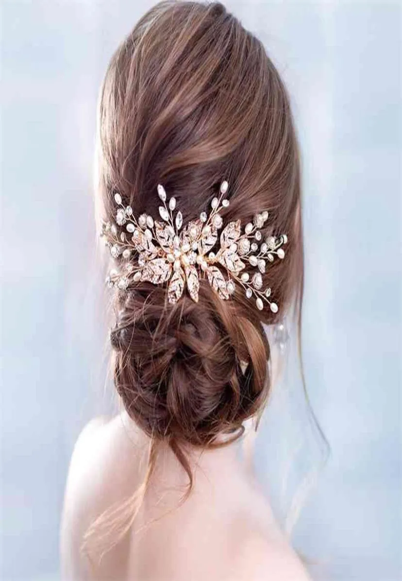 Trendy Leaf Pearl Rose Gold Wedding Hair Combs Tiara Bridal Headpiece Women Head Decorative Jewelry Accessories 2107072586342