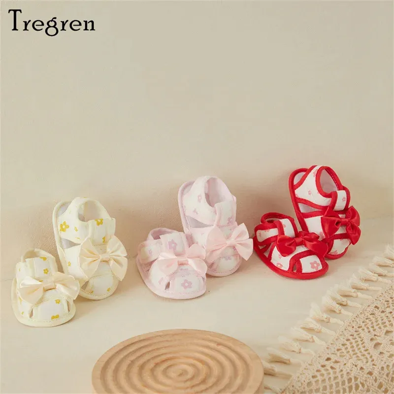 Tregren 012 месяцев рождена Baby Girl Sandals First Walkers Shoes Floral Print Big Bow Cuttout Soft Sule Summer Home Casual 240415