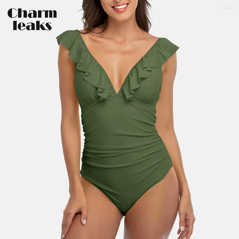 Les maillots de bain féminins Charmleaks Rouffle One Piece Swimsuits pour femmes Viens de baignade de jambe haute couture en V solide