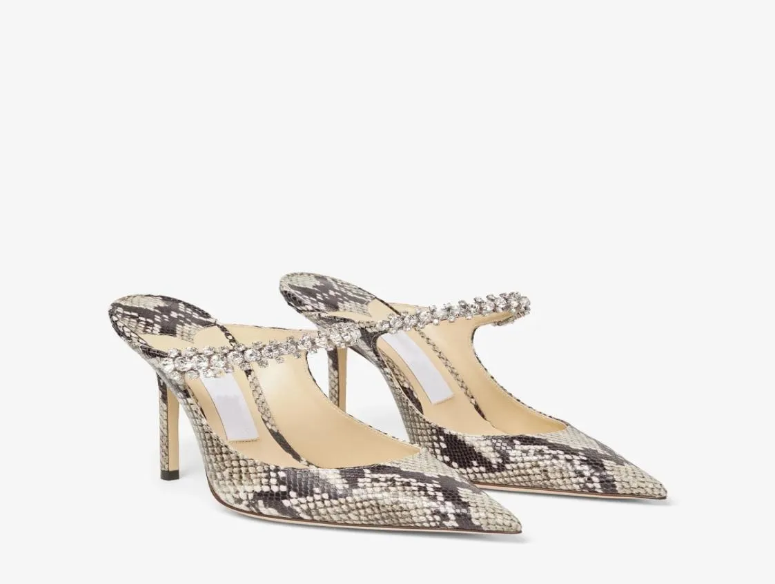 Designer talons femmes chaussures habillées de luxe Bing 100 mules en cuir breveté avec bracelet en cristal TOE POINTY