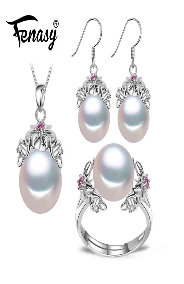 Fenasy 925 Sterling Silver Natural Pearl Ruby Jewelry Sets For Women Vintage Dangle Earrings Bohemian Flower Necklace J1907185827139