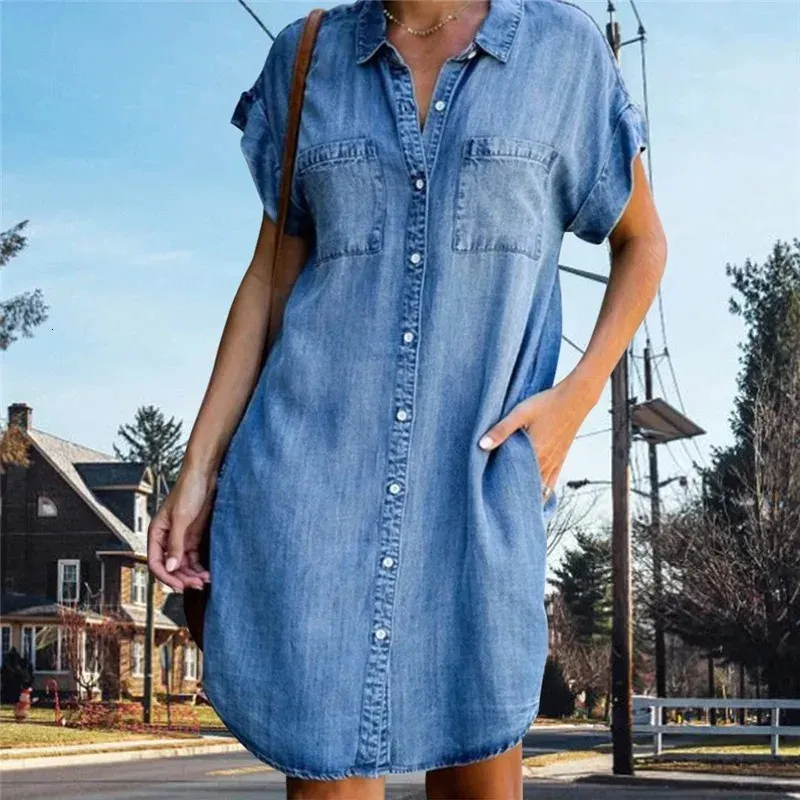 Plus Size Women Denim Shirt Kleider Kurzarm Destiert Jean Dress Button Down Casual Tunic Top 240403