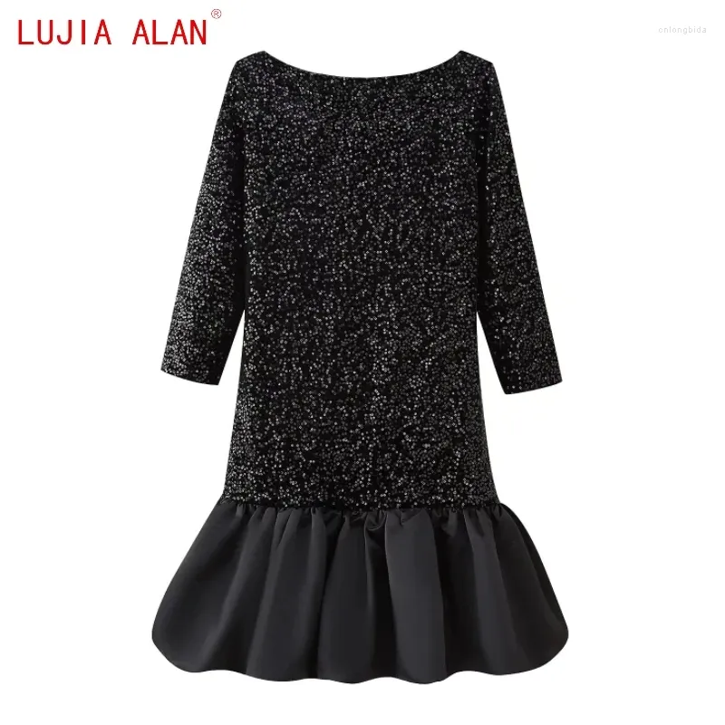 Casual Dresses Women's Satin Patchwork Sequin Mini Dress Female Three Quarter Sleeve Slim Fit Vestidos Lujia Alan WD3916