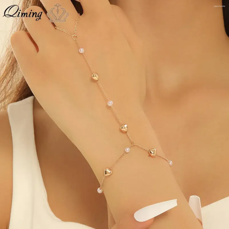 Link Bracelets QIMING Slave Pearl Love Heart Bracelet Finger Ring Women Bohp Chains Hand Harness Jewelry