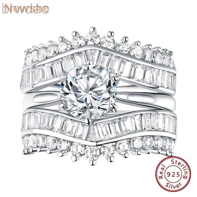 Solitaire Ring Newshe Solid 925 Silver Solitaire Round Cut Engagement Ring Set Guard Wedding Band Enhancers for Women CZ Simulated Diamond D240419