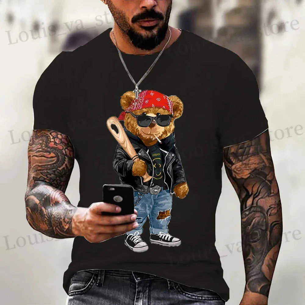 Мужская футболка мультфильма серия медведей с рисунком футболка мужская футболка интересная печать под рукой. Случайная мода мужская одежда хлопковая женская футболка T240419