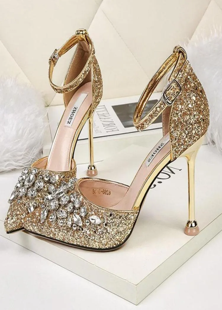 Women Summer 95cm High Heels Crystal Luxury Design Sandals Lady Glitter Bling Pumps Sequins Wedding Bridal Sandles Strap Shoes7090016