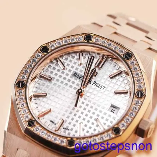 Orologio da polso AP funzionale 77351or Disco bianco Anello esterno Diamond 18K in oro rosa Royal Oak Womens 34mm Oro rosa