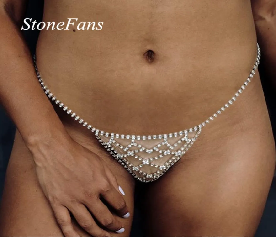 Stonefans sexig midja kroppskedjan kristall underkläder smycken för kvinnor mesh strass thong bikini trosor underkläder valentin gåva1382859