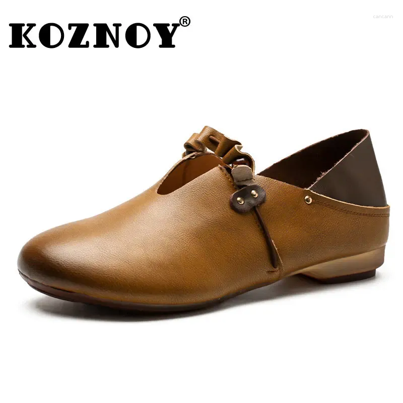 Casual schoenen Koznoy 1,5 cm vrouwelijke flats etnische sandalen luxe zacht opgeloste oxfords square teen ademende koe echte lederen zomer