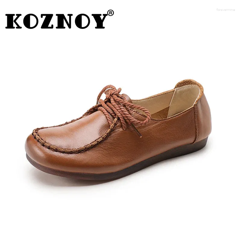 Buty swobodne Koznoy 2,5 cm retro manusl szew szycie oryginalny skórzany British Aunt Non Slip Women Sole Fable Round Stopa Lace Up Flats