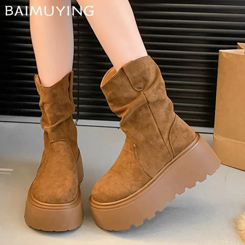 Suede Platform Women Ankle Boots Er Mid Heels Shoes Trend Walking Non Slip Winter Botas De Mujer 241118_voghion.com