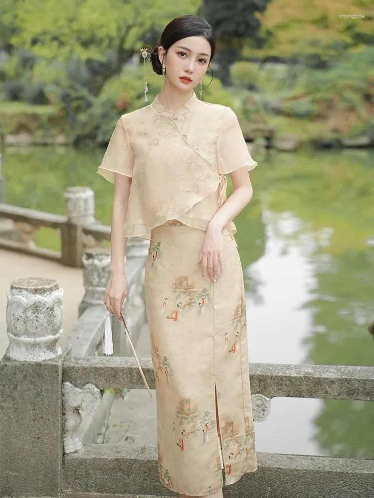 Work Dresses Summer 2024 Chinese Style Printed Skirt Two-Piece Set Chiffon Patchwork Short Sleeve Top Midi Fairy Retro Suit Female