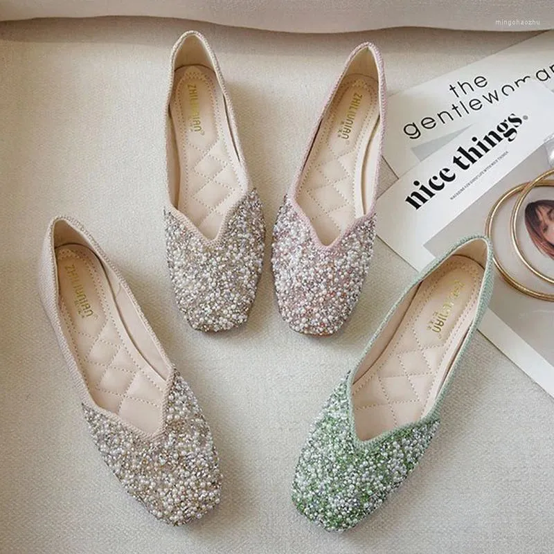 Casual Shoes Fashion Woman Square Toe Soft Flats Lady Bling Crystal Sparkly Sequins Rhinestone Female Summer Plus Size Pink Green