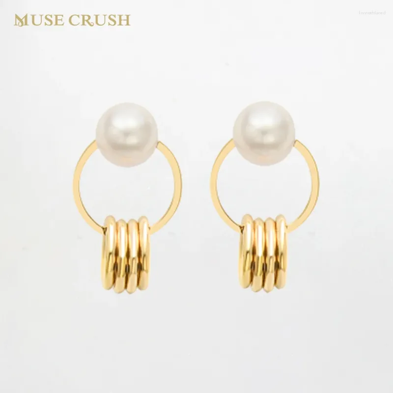 Dangle Earrings Temperament Women Double Circle Charm Stainless Steel Fashion Jewelry Wholesale Ladies Pearl Drop Gift