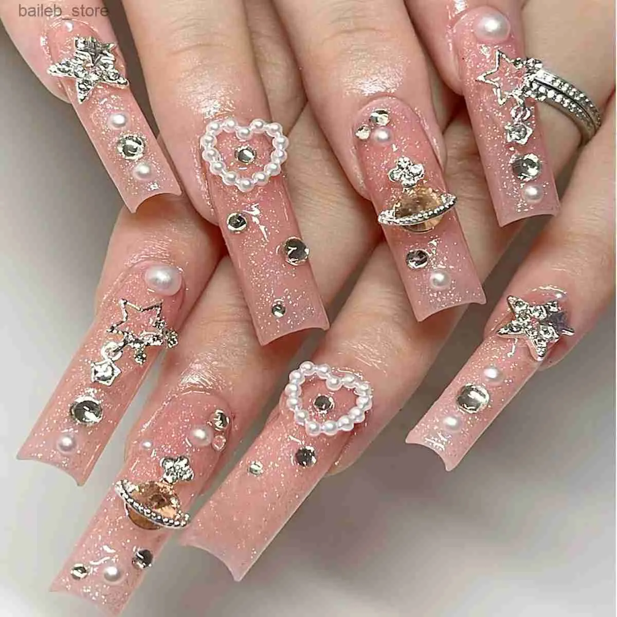 False Nails Glitter Pink Fake Nails with Crystal Pearl Star Crystal Design False Nail Tips Long Coffin Ballet Lady Bride Acrylic Nail Tips Y240419