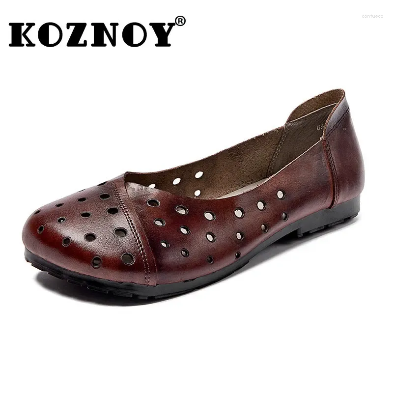 Casual Shoes Koznoy Women Genuine Leather Moccasins1.5cm Hollow Novelty Slip On Summer Round Toe Soft Soled Flats Loafers Comfy