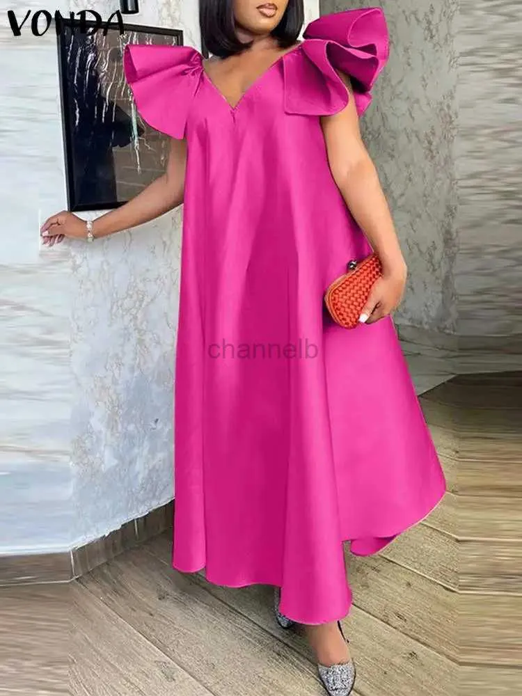 Grundläggande avslappnade klänningar 2023 Kvinnor Summer Party Satin Dress Sexig V-ringning Lång maxi Sundress Vonda Elegant Short Sleeve Robe Femme Ruffled Beach Vestidos 240419