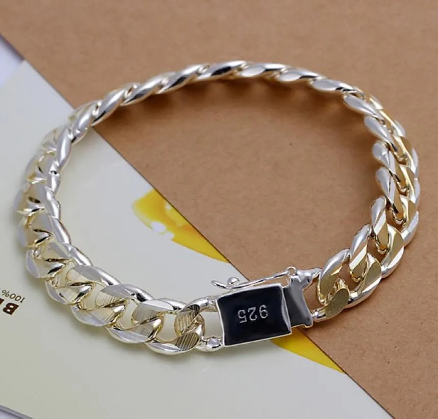 Men039s Bracelet de bijoux 925 argent plaqué 10 mm de large 21cm bracelet de mode fin épais Golden Pulseiras de Prata Male Modle Bijo7257361