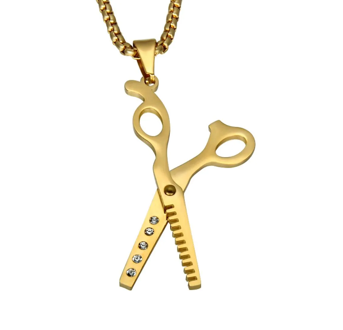 HIP Hop Scissor Pendants Necklaces Gold Color Stainless Steel Stylist Beautician Accessories Men Barbershop Jewelry4364375