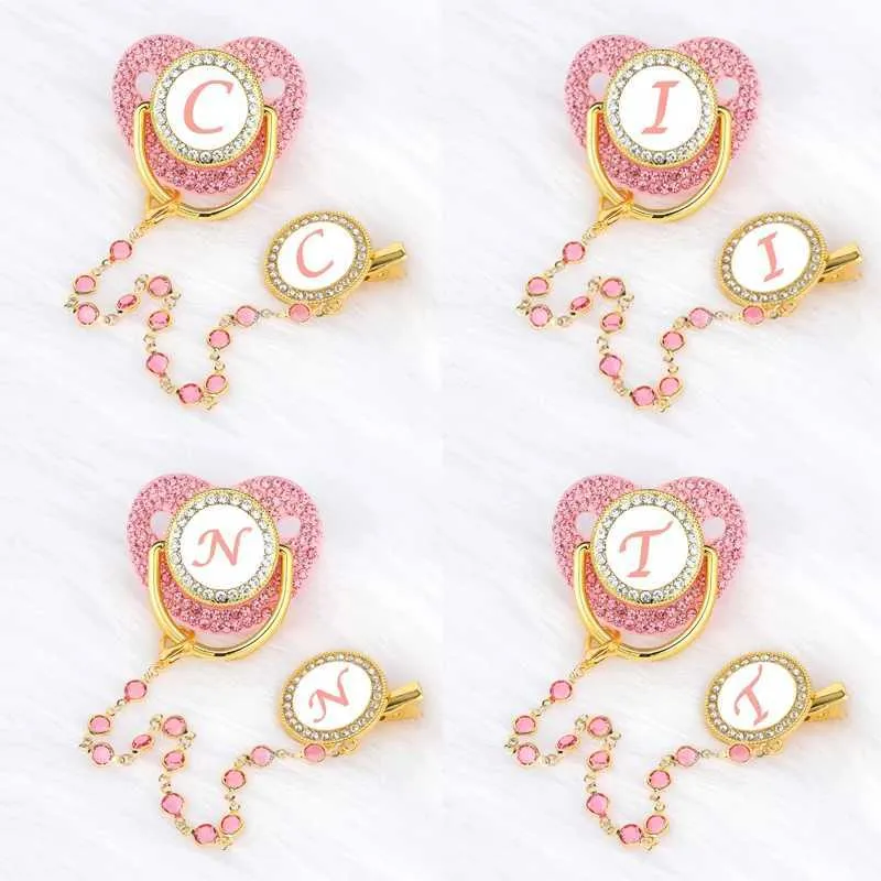 PACIFIERS# NAME INITIAL Baby Pacifier Chain Clips Pink Crystal Newborn Luxury Personaliserade PACIFIERS SILIKON NIPPLE SPARTLE Dusch Giftl2403