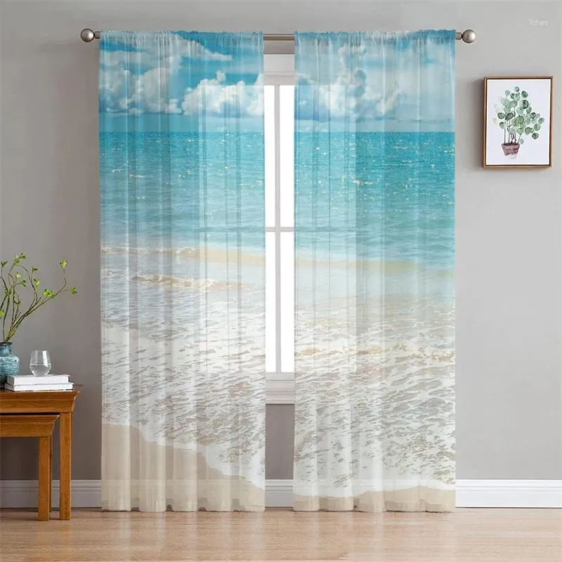 Curtain Ocean Beach Thème des rideaux transparents 2 Panneau Set pour le salon / chambre Tropical View View Sky House Rod Pocket