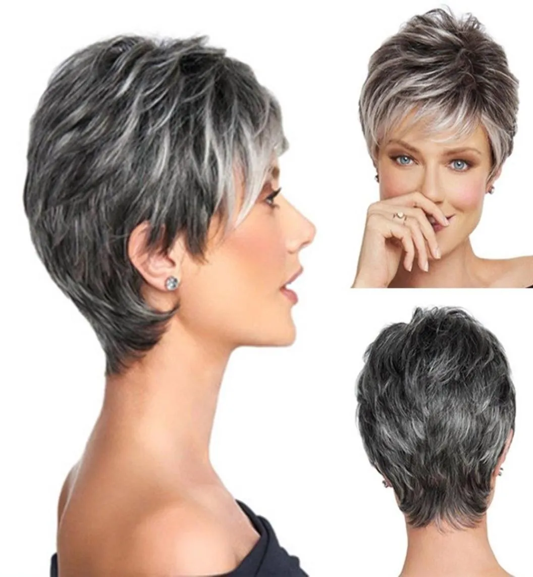 Kort pixie klippt ombre silvergrå peruker naturligt grått hår kort rak full wig2421168