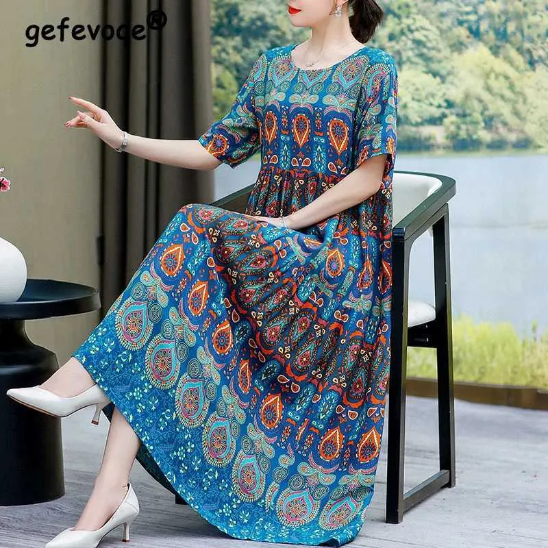 Grundläggande avslappnade klänningar kvinnor retro etnisk stil boho tryck eleganta fest långa klänningar 2023 sommar mode kort ärm lös strand midi klänning vestidos 240419