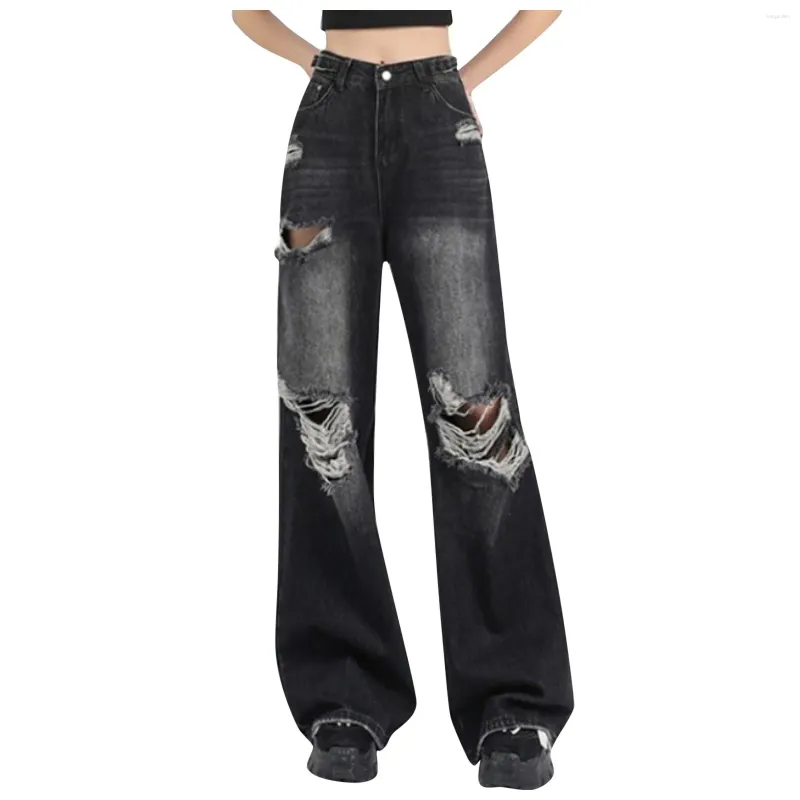 Kvinnors jeans sommar mode high street svart rak hål som bryter lös peplum som drar breda benbyxor