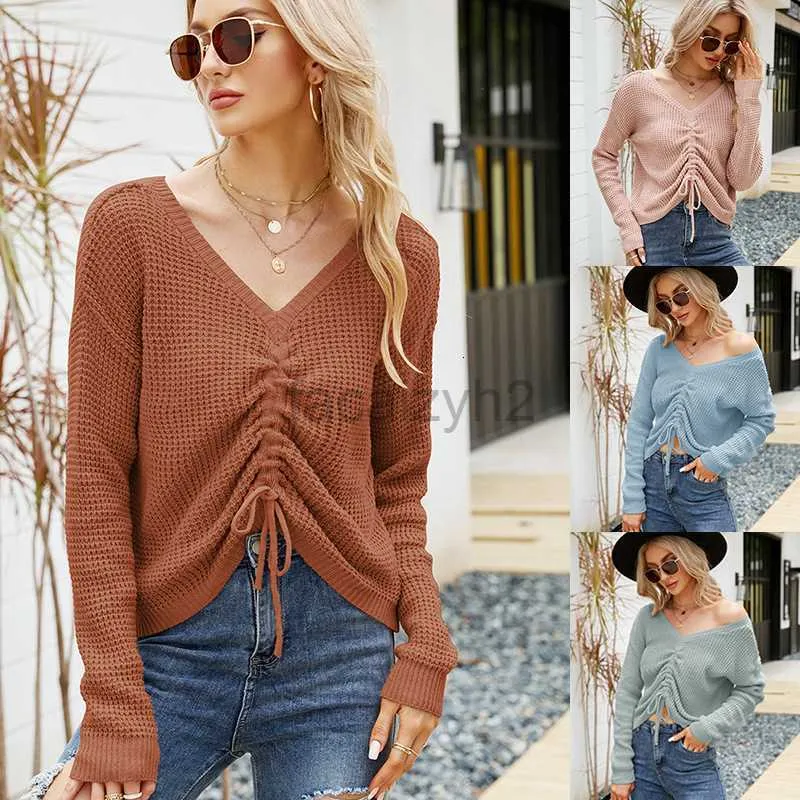 Women's Sweaters Outwear versatile top with drawstring irregular solid color knit shirt Sexy V-neck long sleeved sweater fashion T Shirt tops