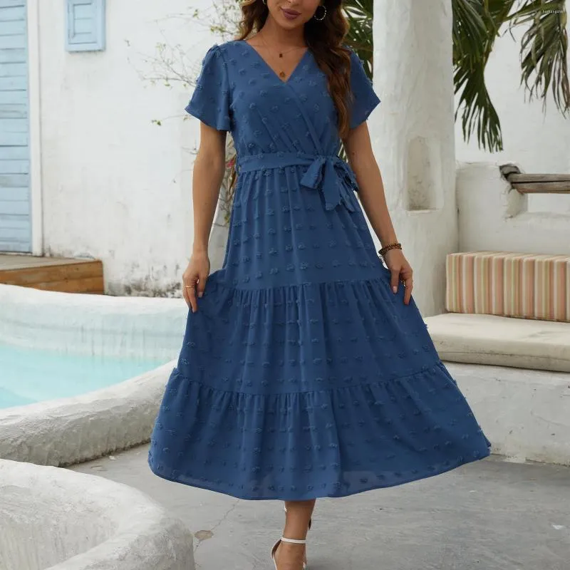 Bohemian Polka Dot A-Line dress for Women - Casual, Formal, and Fashionable with Wrap V-Neck, Short Sleeves, Solid Color Tie, Layered Fabric, or Flowy Bohemian Polka Dot A-Line dress for Women - Casual, Formal, and Fashionable with Wrap V-Neck, Short Sleeves, Solid Color Tie, Layered Fabric, or Flowy