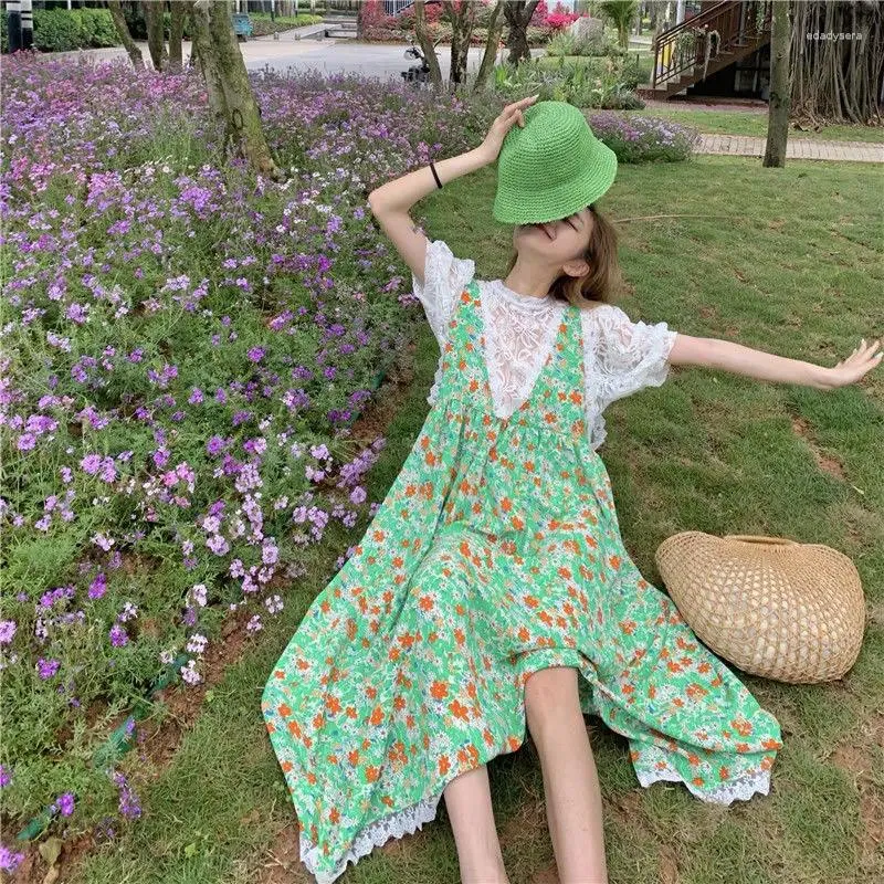 DHgate Casual Dresses Sweet Lace Spliced Floral Derss Suits Women Summer 2024 Deep V neck Loose Sleeveless Dress Blouse 2 Pieces Set Apparel