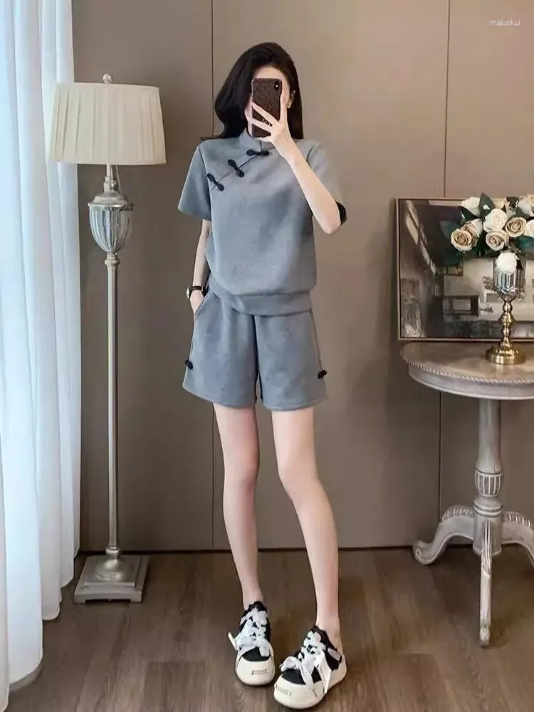Kvinnors spårningsdräkter 2024 kinesisk stil casual 2 styck uppsättningar kvinnor outfit sommar mode kort ärm t -skjortor shorts grå spårdräkt