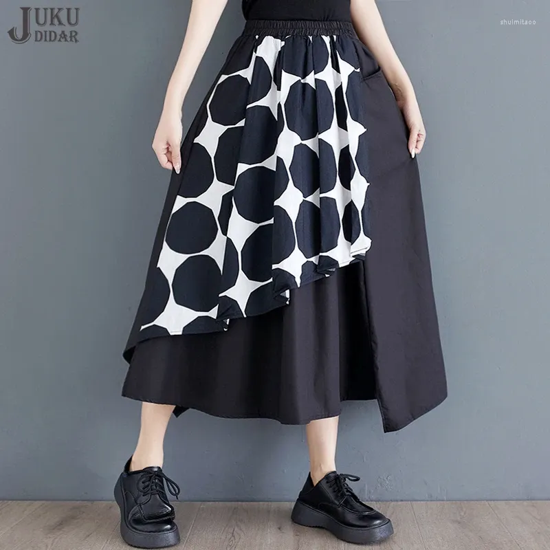 Saias Camadas Design Dots Impredidos Faixa Loja Mulher Black Salia Coreana Verão Damas Casual Desgaste Mid Calf Leng