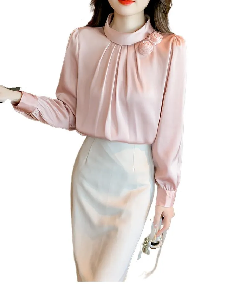 Femmes Blouse à manches longues OL Collier de support 3D Fleur Patched Satin Desinger Shirt Smlxlxxl