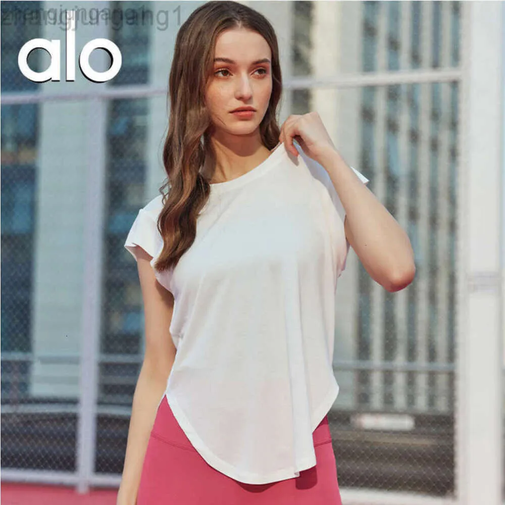 Desginer Aloe Yoga Top Shirt Clothe Short Woman Yogas Ny Modquick Torkad kort ärm Loose Breattable Womens Top Outdoor Sports Fitness Suit