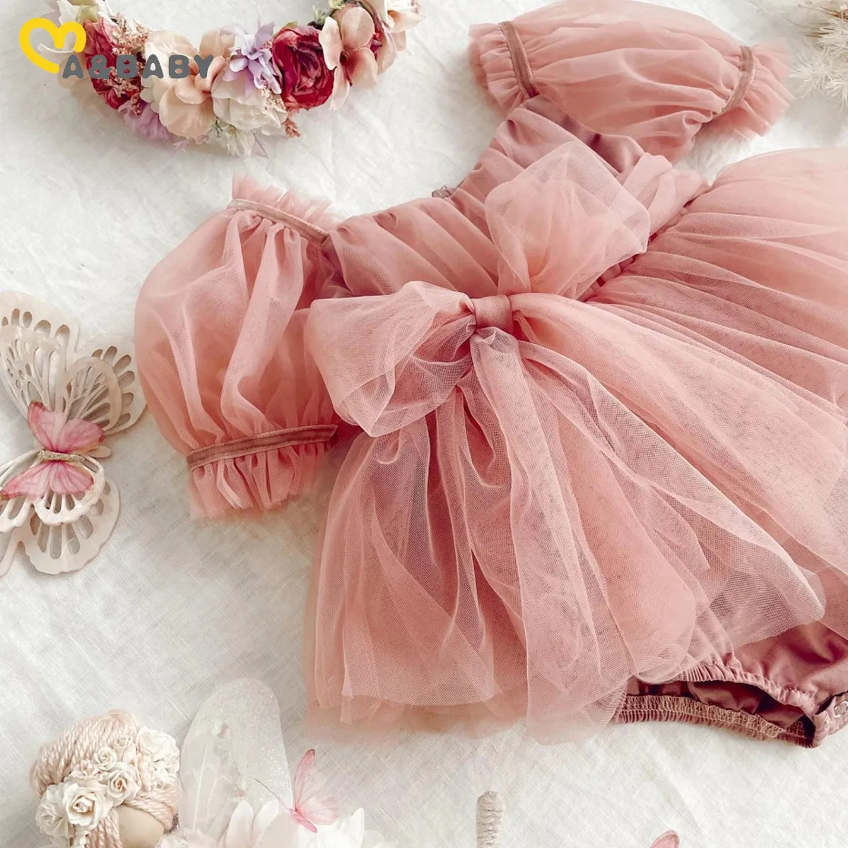 ma baby 024M born Infant Baby Girls Romper Ruffle Tulle Puff Sleeve Jumpsuit Headband Princess Outfits Toddler Clothes D06 240416