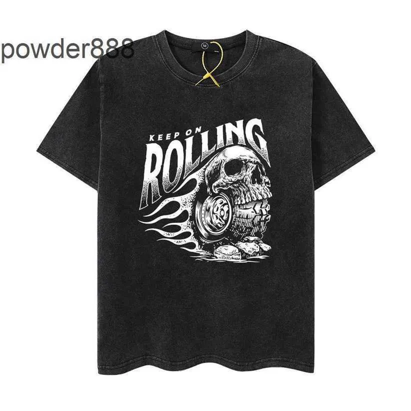 2024 High Street Trendy Half Sleeves Skull Motorcycle Print desgastada T-shirt de manga curta