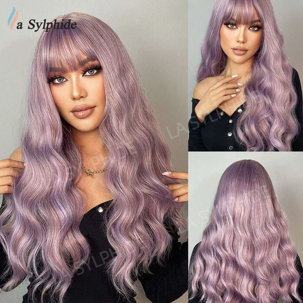 human curly wigs Chemical fiber wig changing purple wigs air bangs Wavy long curly hair womens headgear