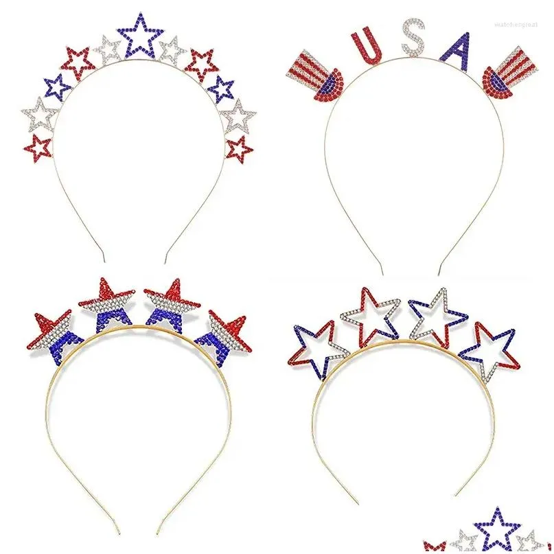 Hårklämmor Barrettes Independence Day Alloy Rhinestone Pentagram pannband 4: e av JY National American Flag Color Crown Jewelry Wom Dhzue