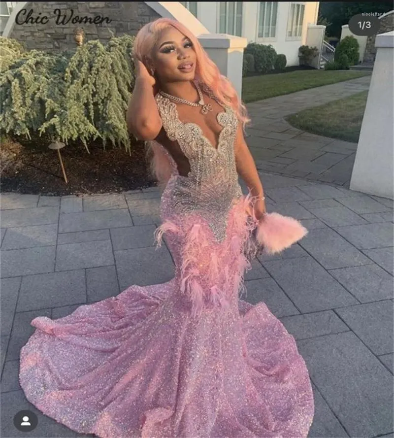Party Dresses Luxury Pink Prom Dress with Feather Shine Sparkly Mermaid Black Girls 25th Birthday Clows Diamond Crystal Evening Evening